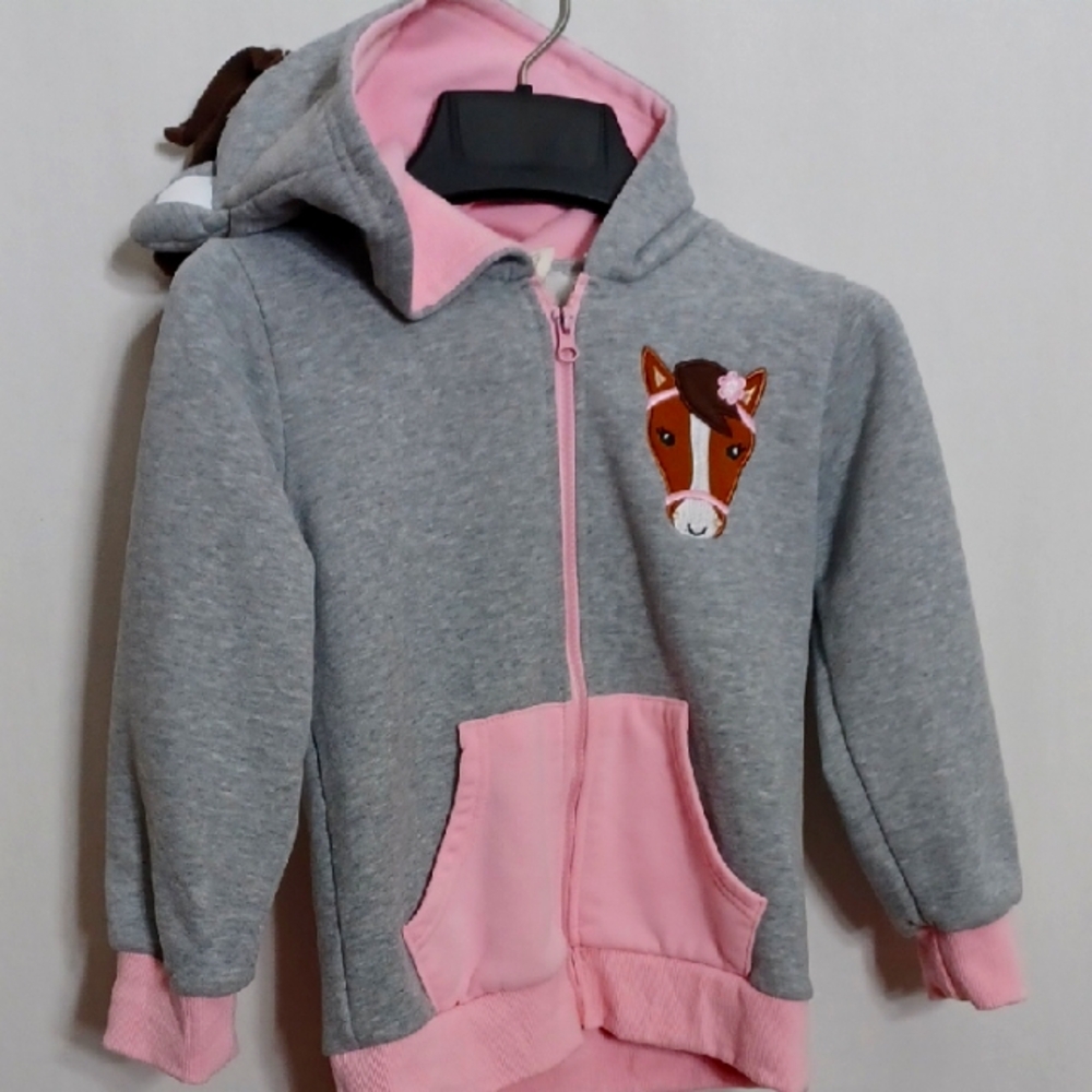 Doodle Pants Gray and Pink Hoodie with Horse Embroidery